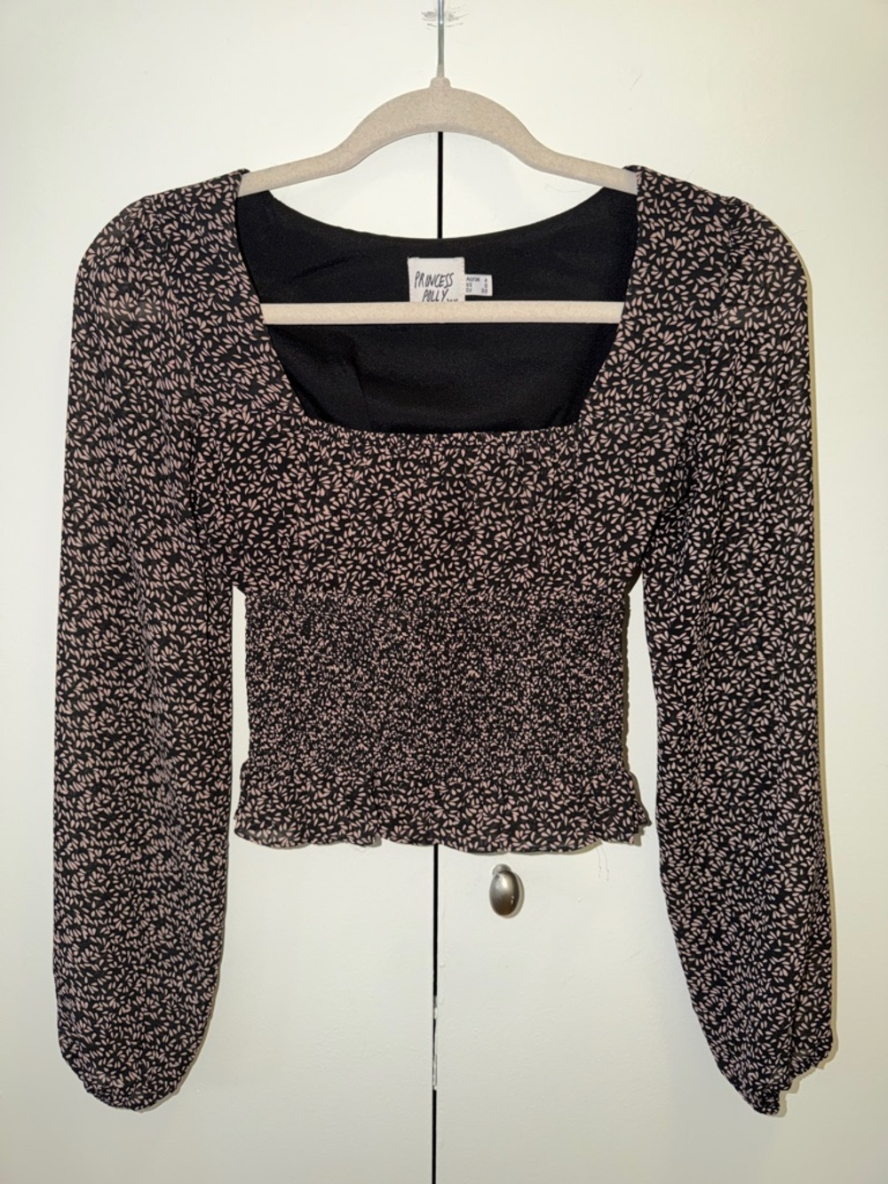 Princess Polly Black Puff-Sleeve Smocked Floral Top